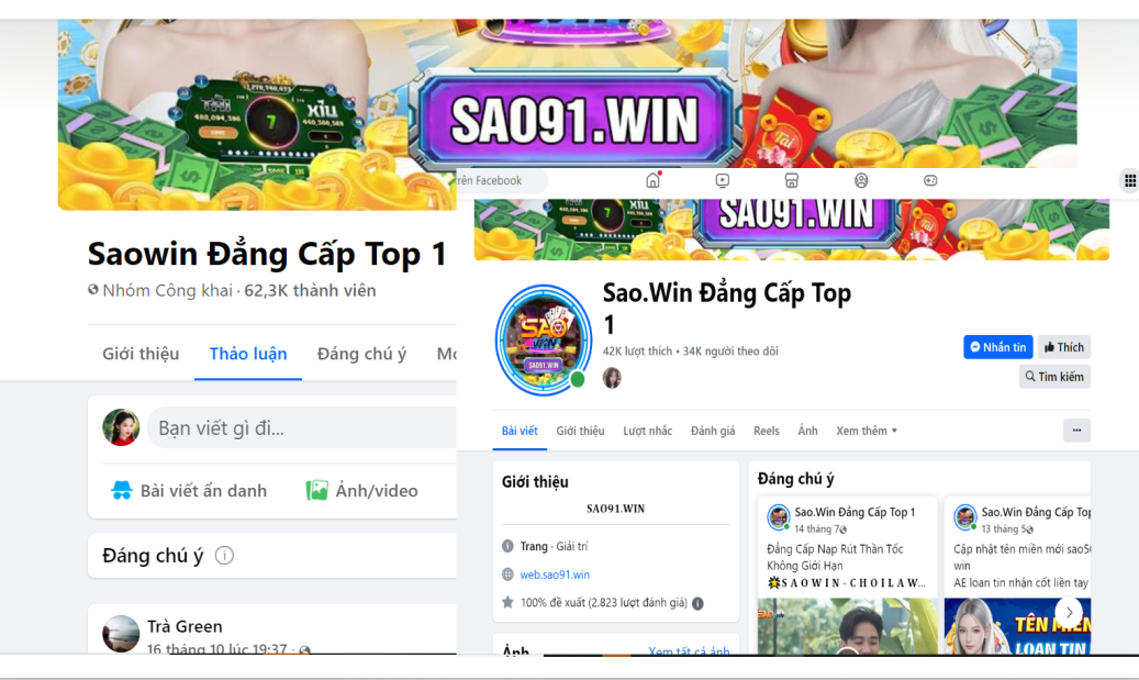 Số lượng thành viên tham gia nhóm Saowin công khai và fanpage của cổng game